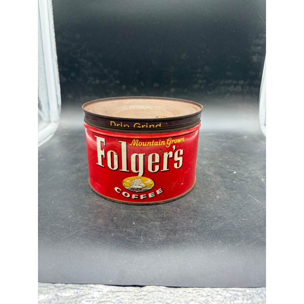 Vintage 1950 Folger's Coffee Tin 1 lb Drip Grind Red Metal Can with Lid